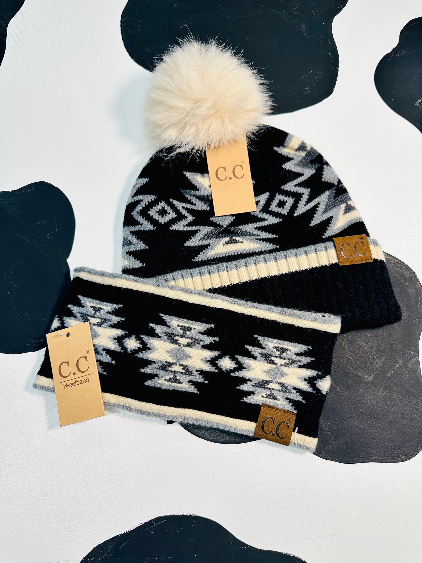 Black/beige Aztec beanie