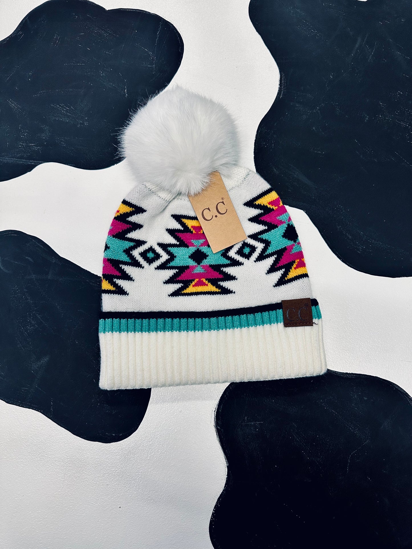 White multi colored Aztec print beanie