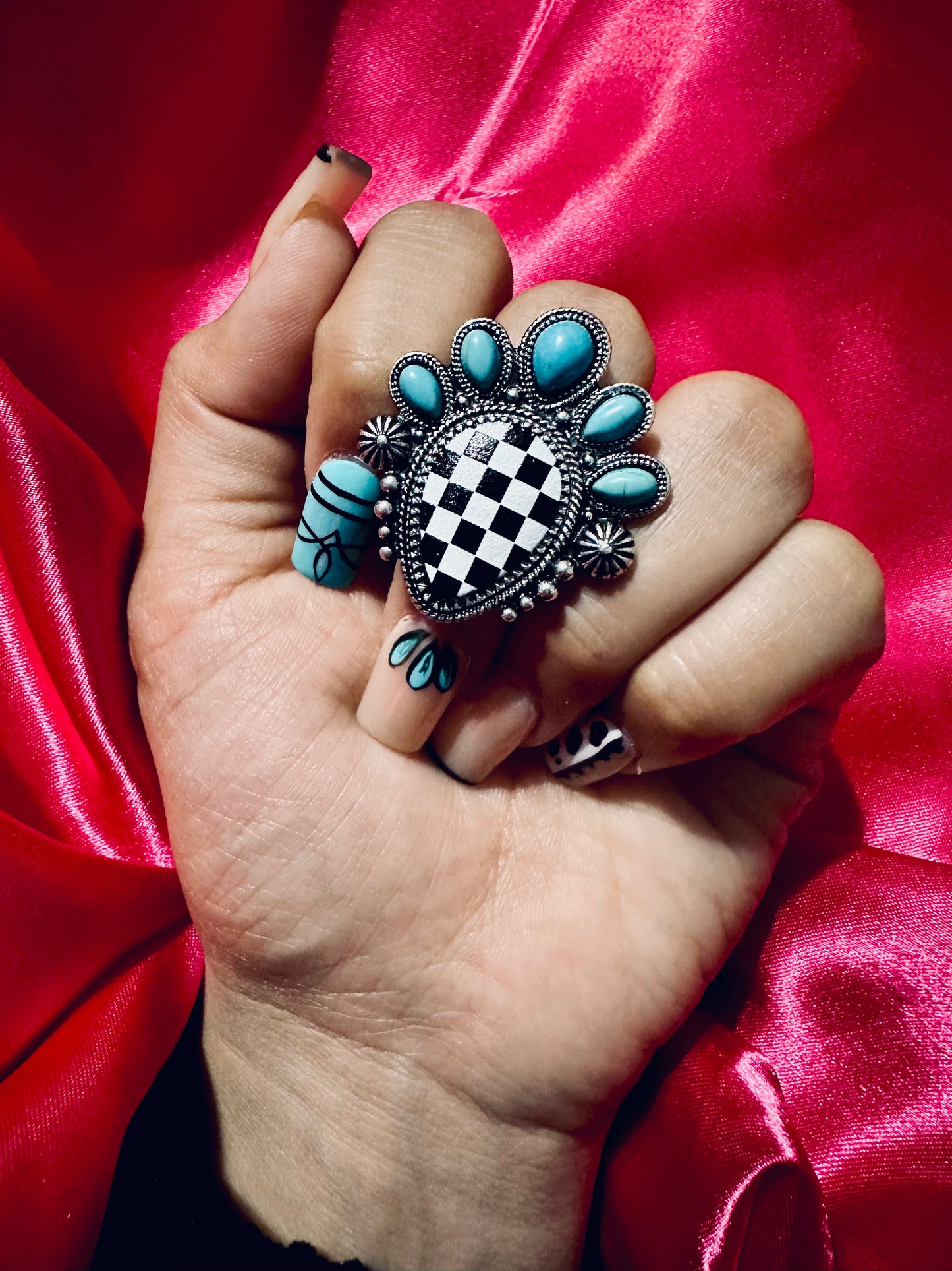 Checkered turquoise ring