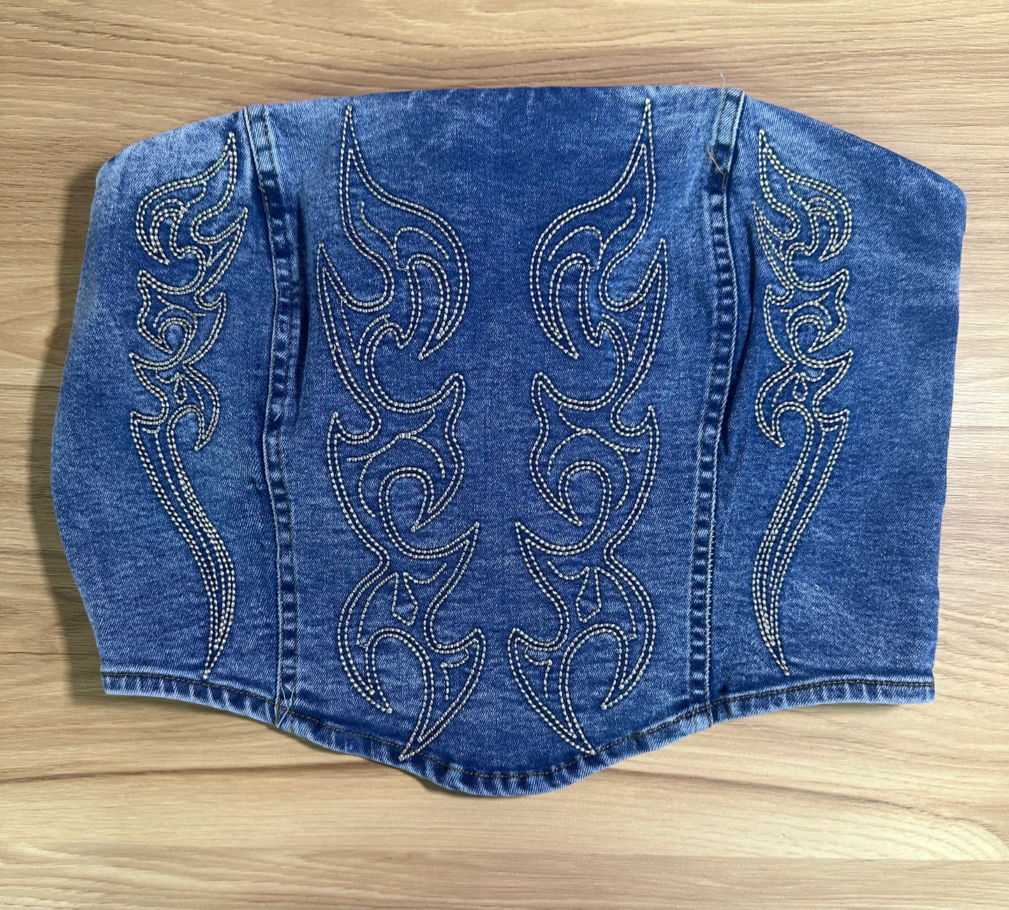 Stone wash boot stitched denim corset top