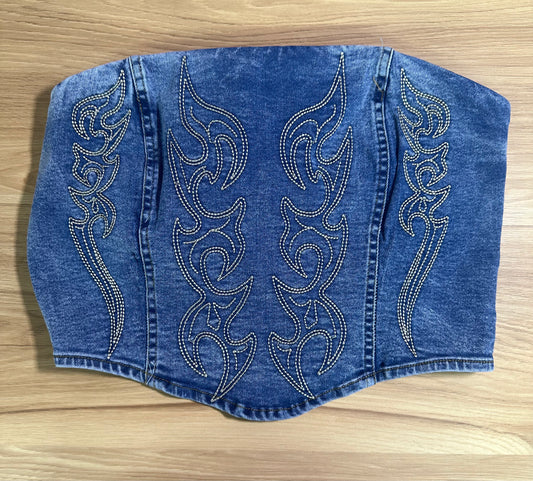 Stone wash boot stitched denim corset top